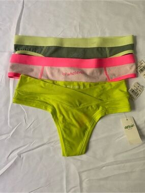 aerie women’s Neon Yellow, Hot Pink & Olive Hipster/Thong 3-Pack size XS